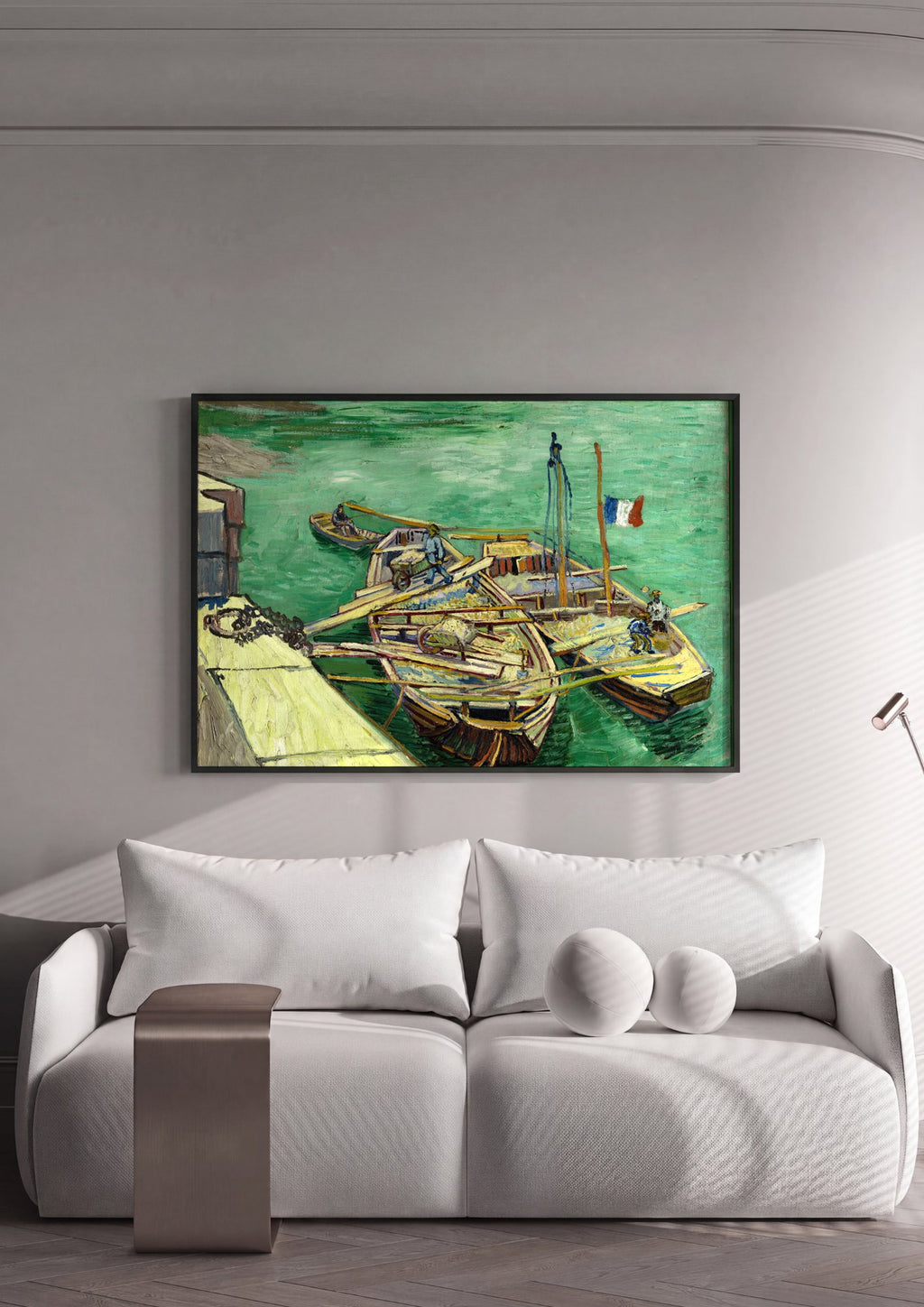 Quadro Decorativo Cais com Barcos - Van Gogh em ambiente decorado