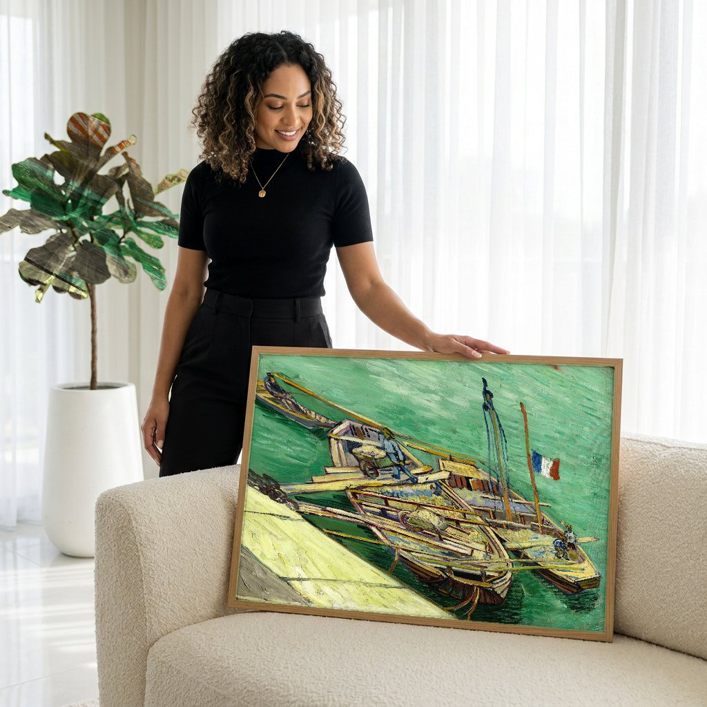 Quadro Decorativo Cais com Barcos - Van Gogh com modelo em ambiente