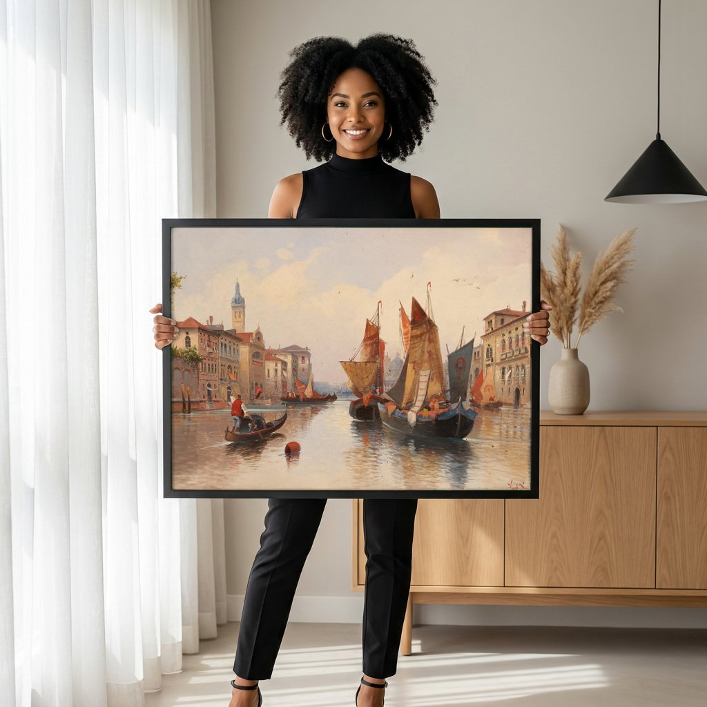 Quadro Decorativo Canal de Veneza com Gôndolas - Karl Kaufmann com modelo em ambiente