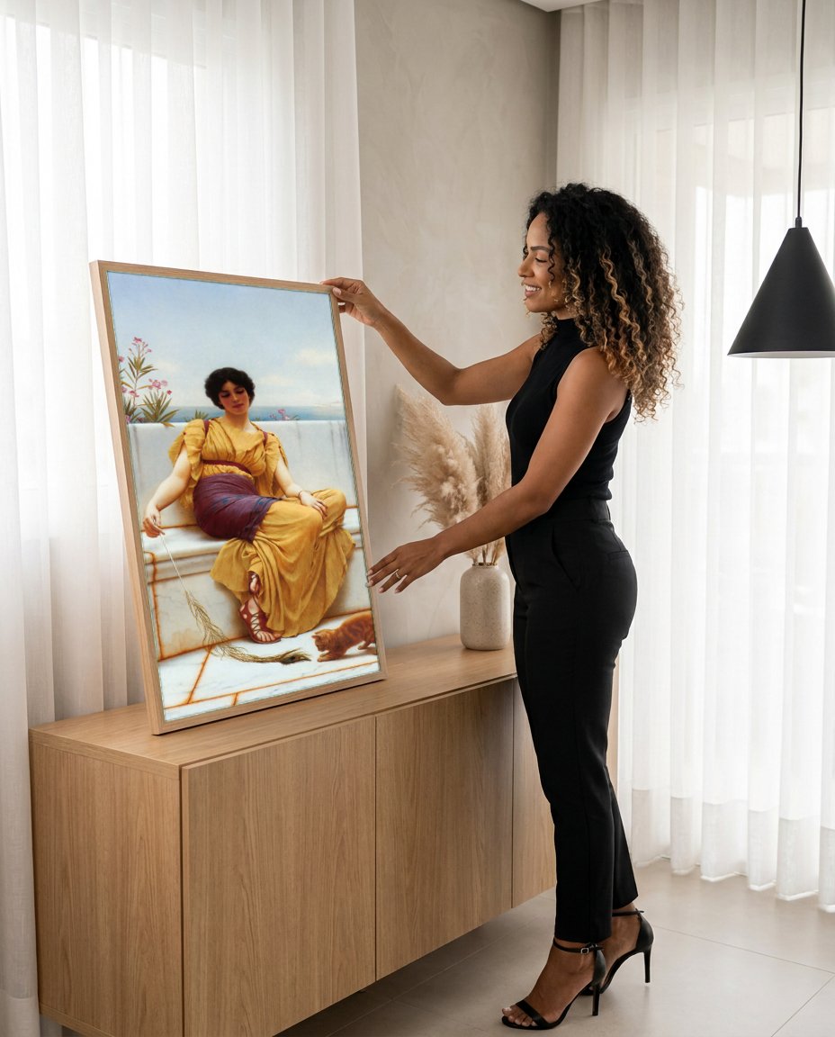 Quadro Decorativo 'Mischief and Repose' - Godward com modelo em ambiente