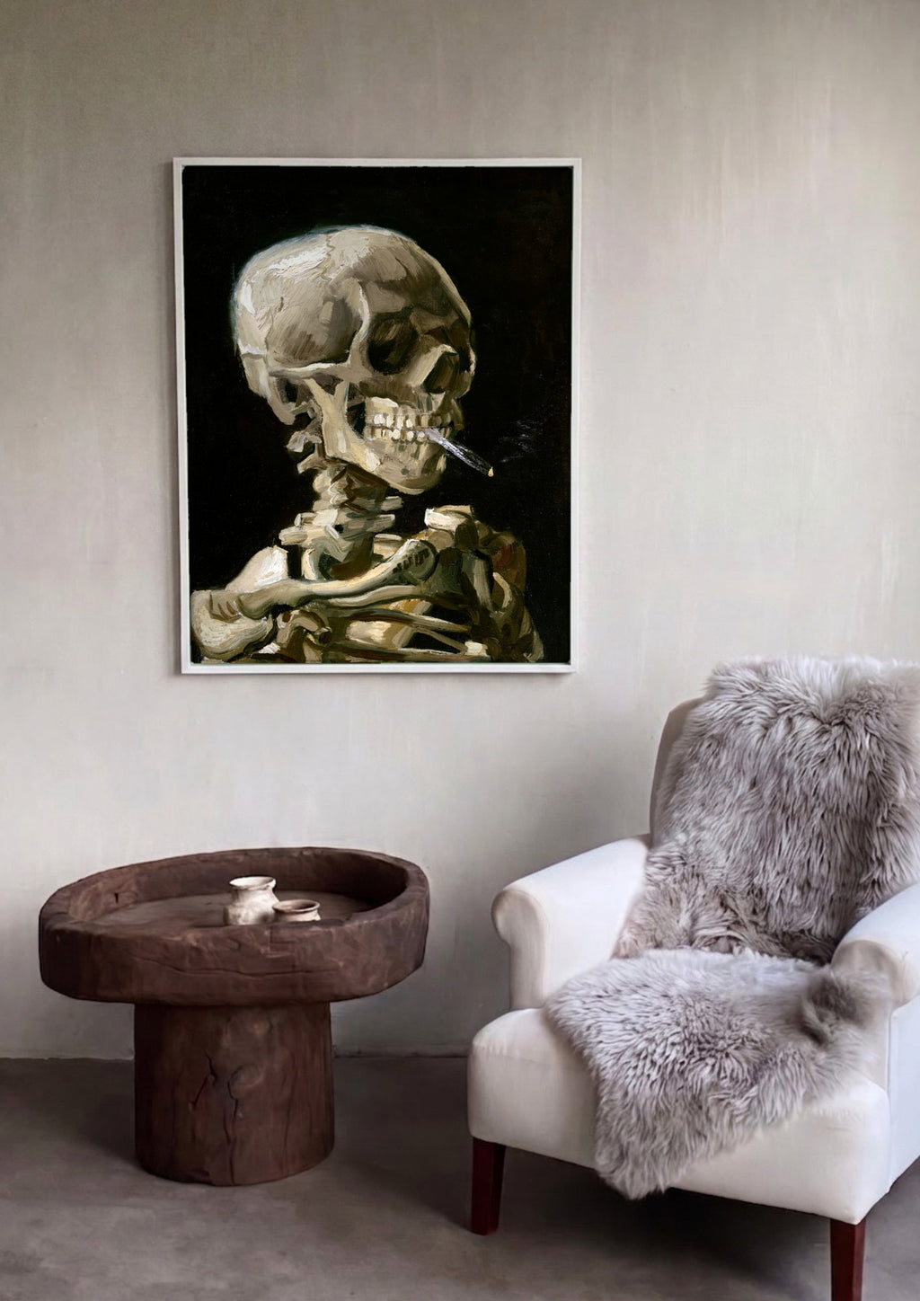 Quadro Decorativo Crânio Fumando - Van Gogh em ambiente decorado