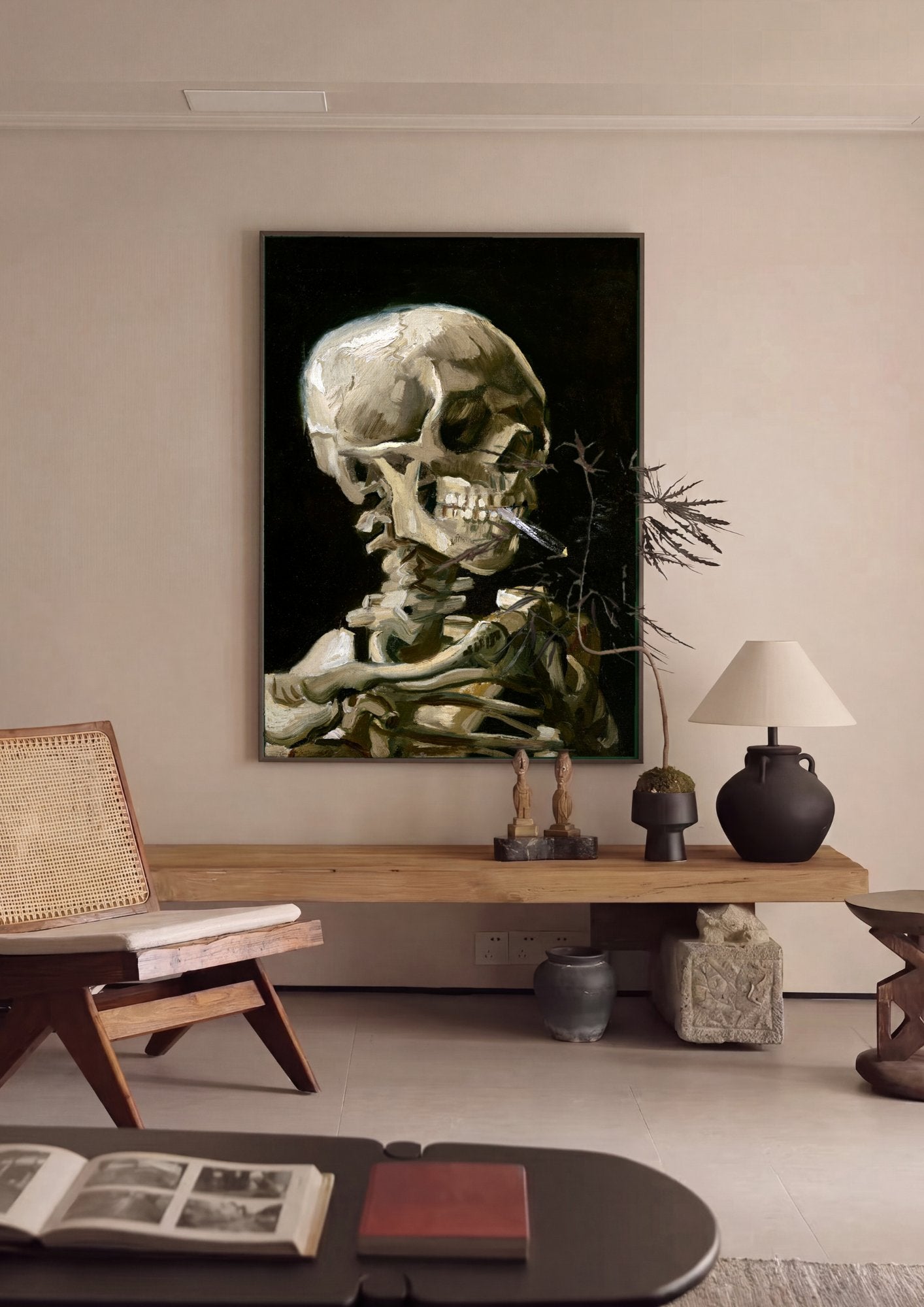 Quadro Decorativo Crânio Fumando - Van Gogh em ambiente decorado