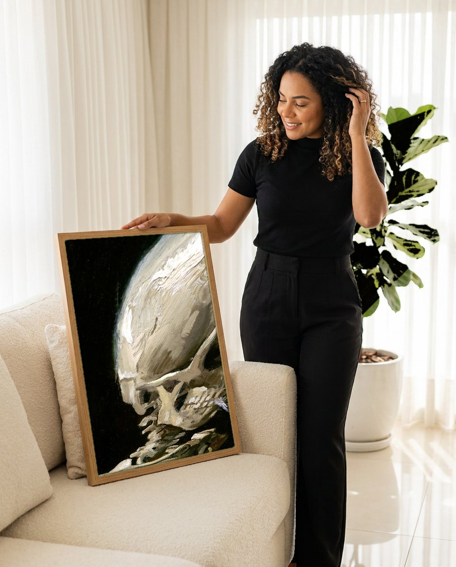 Quadro Decorativo Crânio Fumando - Van Gogh com modelo em ambiente