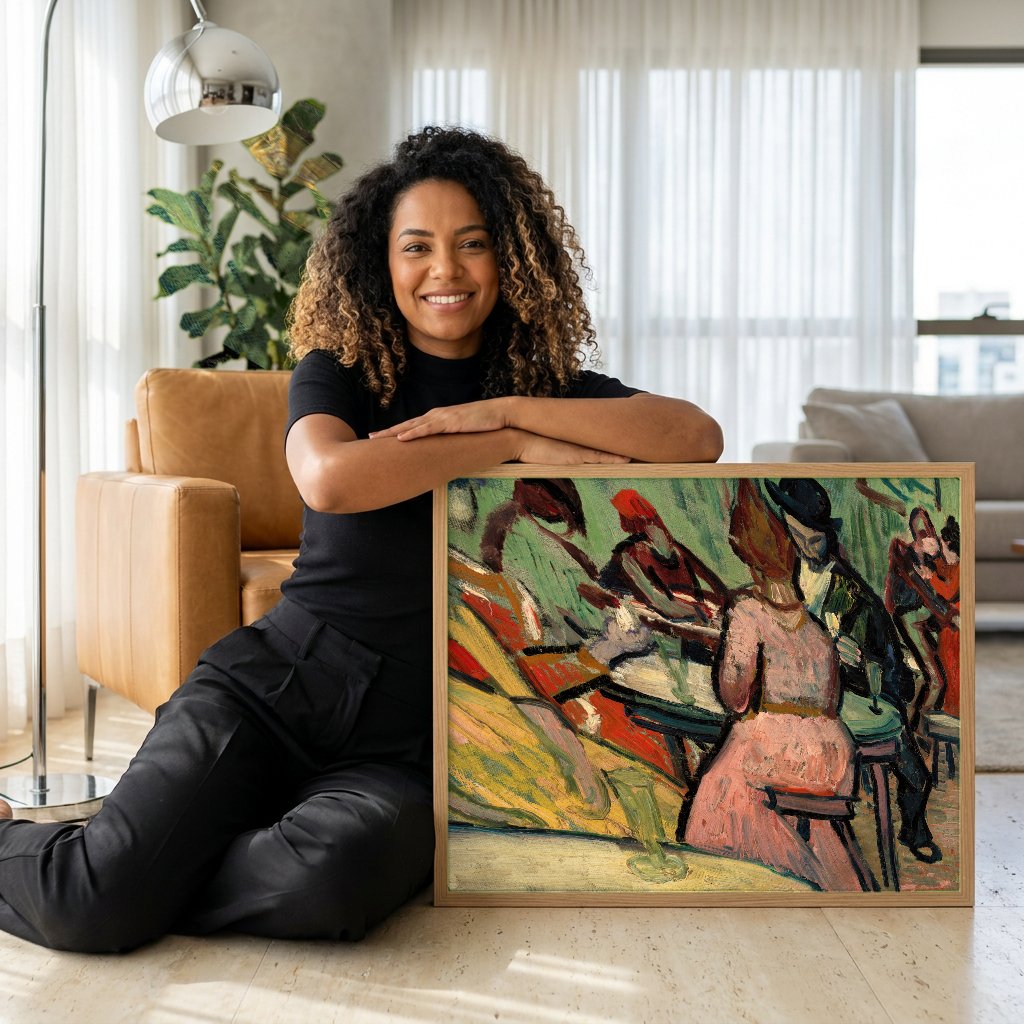 Quadro Decorativo O Café Noturno - Van Gogh com modelo em ambiente