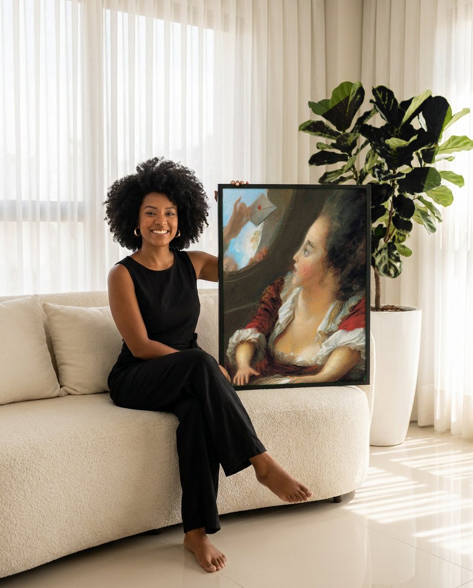 Quadro Decorativo A Carta de Amor - Fragonard com modelo em ambiente
