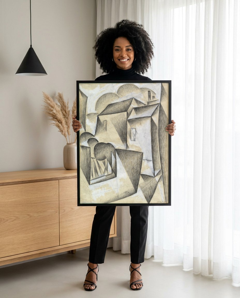 Quadro Decorativo Casas Cubistas - Juan Gris com modelo em ambiente