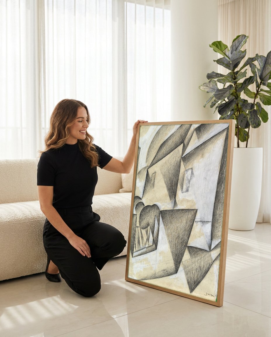 Quadro Decorativo Casas Cubistas - Juan Gris com modelo em ambiente