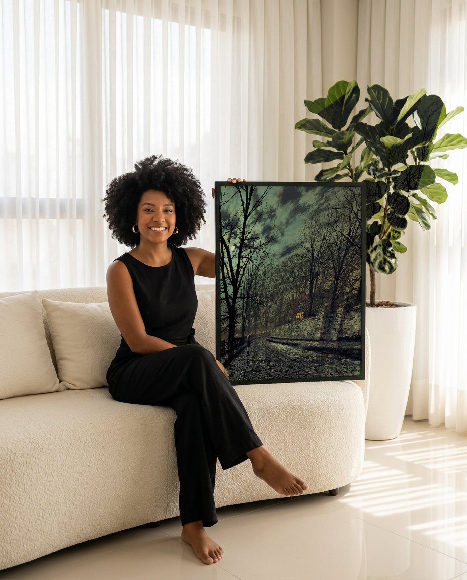 Quadro Decorativo A Chegada Solitária - Grimshaw com modelo em ambiente