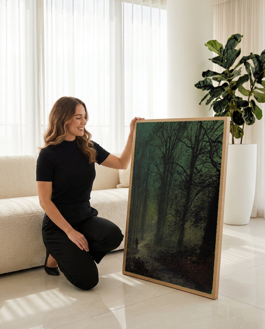 Quadro Decorativo Caminho na Floresta - Grimshaw com modelo em ambiente