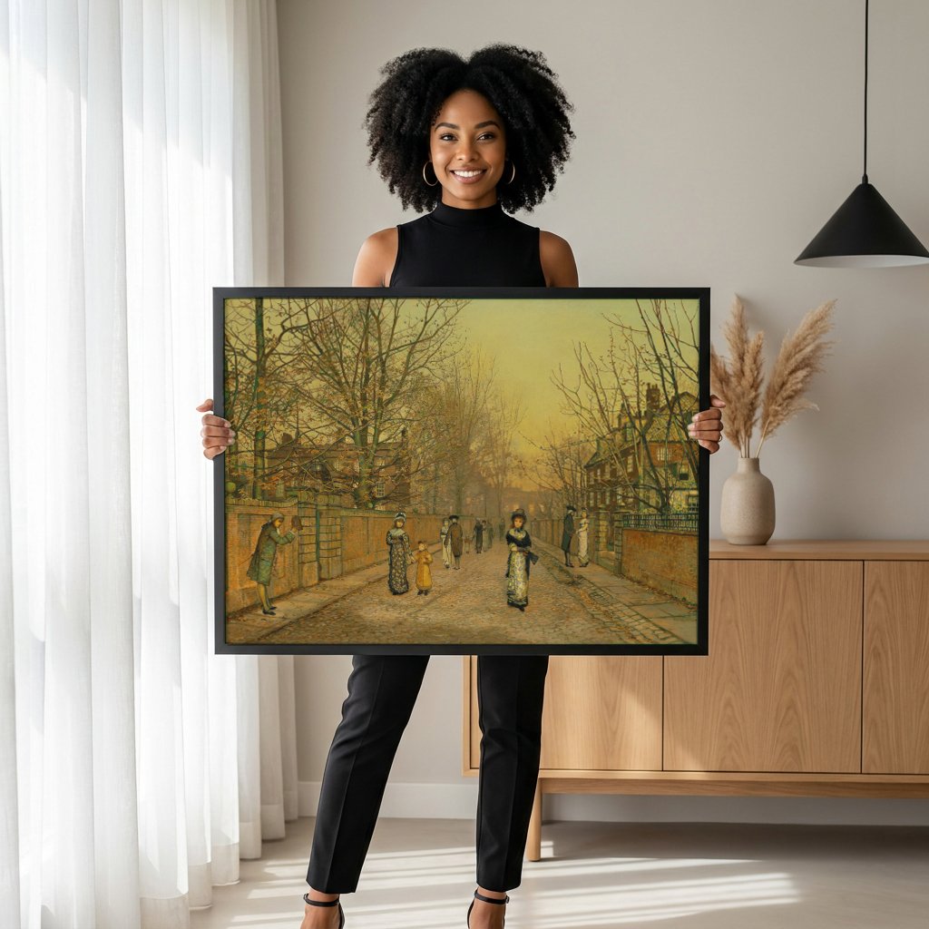 Quadro Decorativo Cena Urbana Outonal - Grimshaw com modelo em ambiente