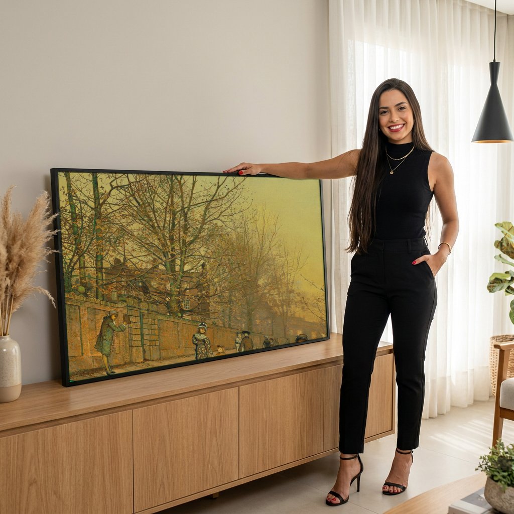 Quadro Decorativo Cena Urbana Outonal - Grimshaw com modelo em ambiente