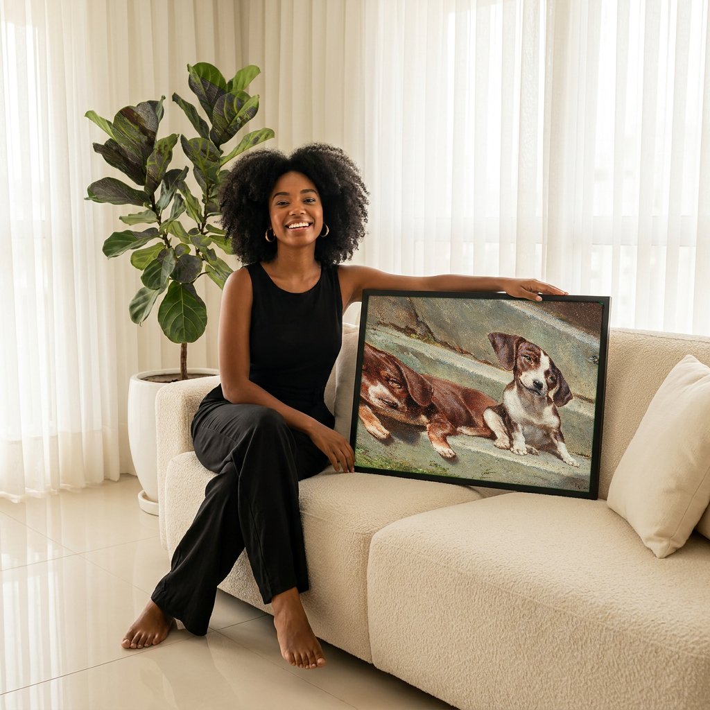 Quadro Decorativo Cães Filhotes em Degraus - Carl Reichert com modelo em ambiente