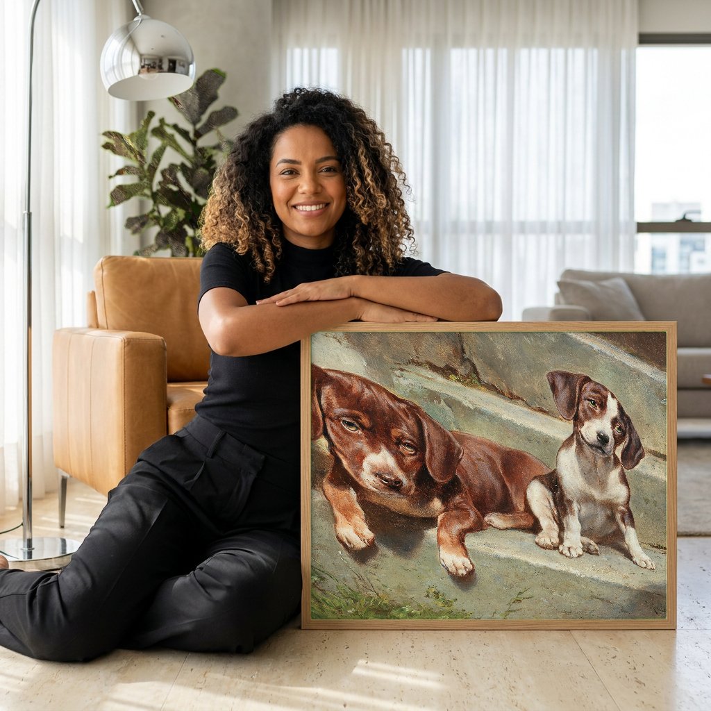Quadro Decorativo Cães Filhotes em Degraus - Carl Reichert com modelo em ambiente