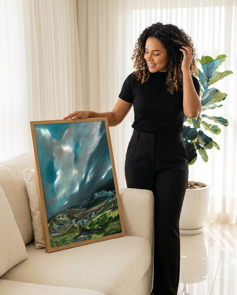 Quadro Decorativo Vista de Toledo - El Greco com modelo em ambiente