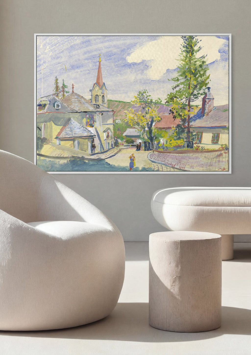 Quadro Decorativo Aldeia Alpina com Igreja - Oskar Laske em ambiente decorado