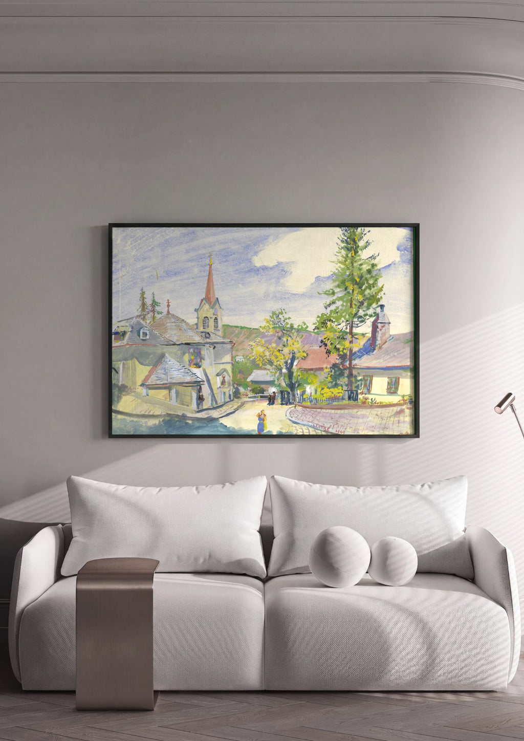Quadro Decorativo Aldeia Alpina com Igreja - Oskar Laske em ambiente decorado
