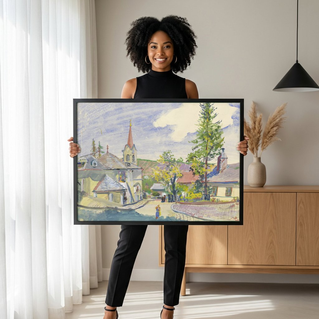 Quadro Decorativo Aldeia Alpina com Igreja - Oskar Laske com modelo em ambiente