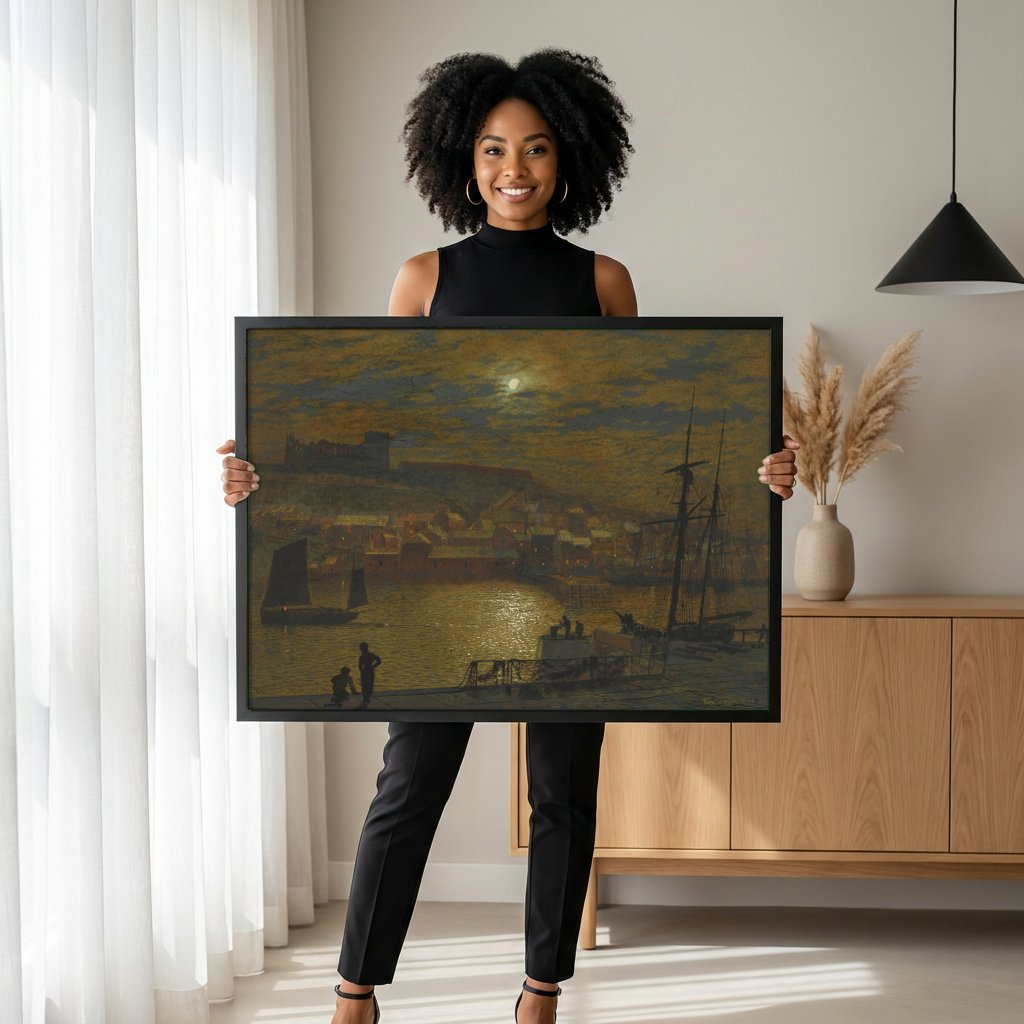 Quadro Decorativo Porto à Luz da Lua - Grimshaw com modelo em ambiente
