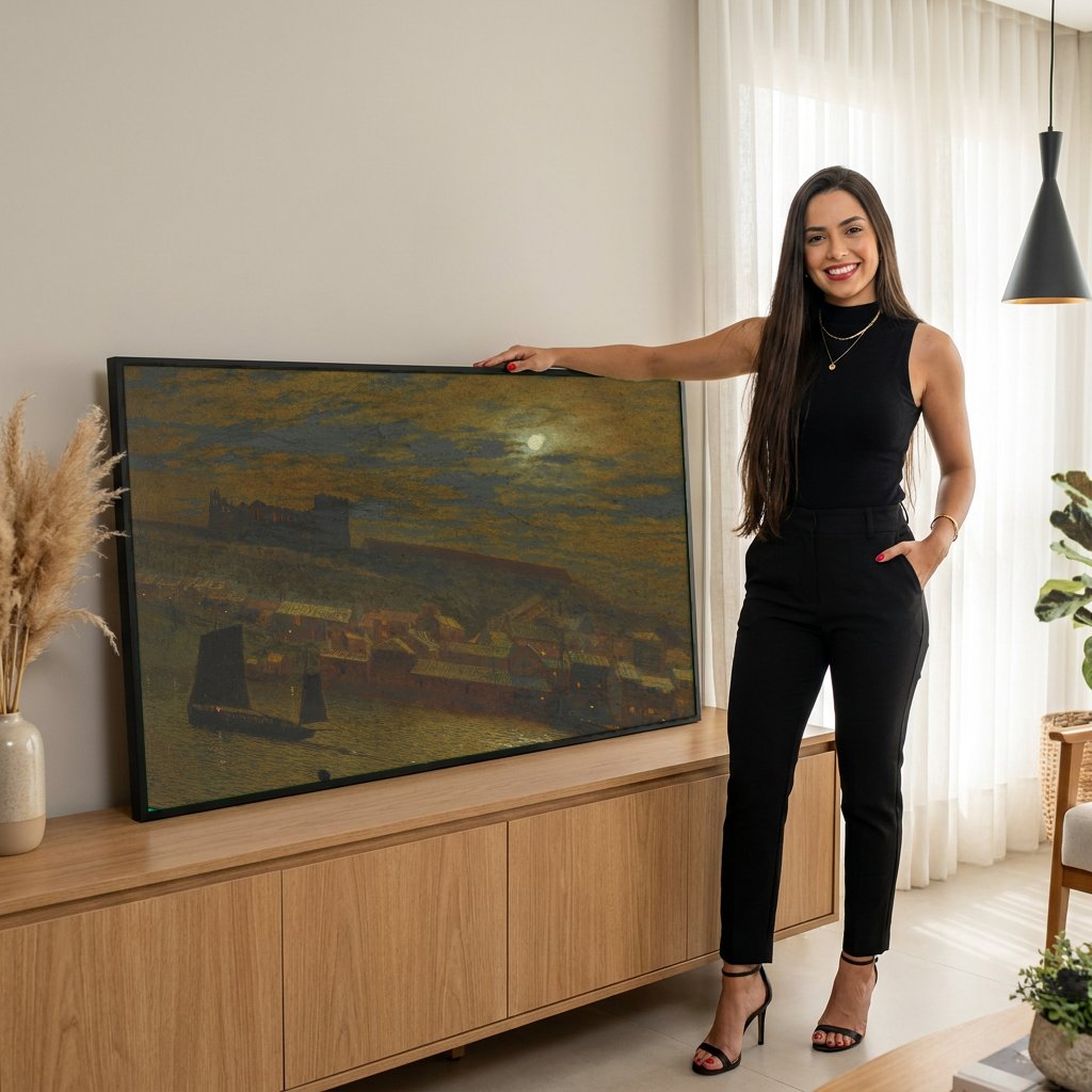 Quadro Decorativo Porto à Luz da Lua - Grimshaw com modelo em ambiente