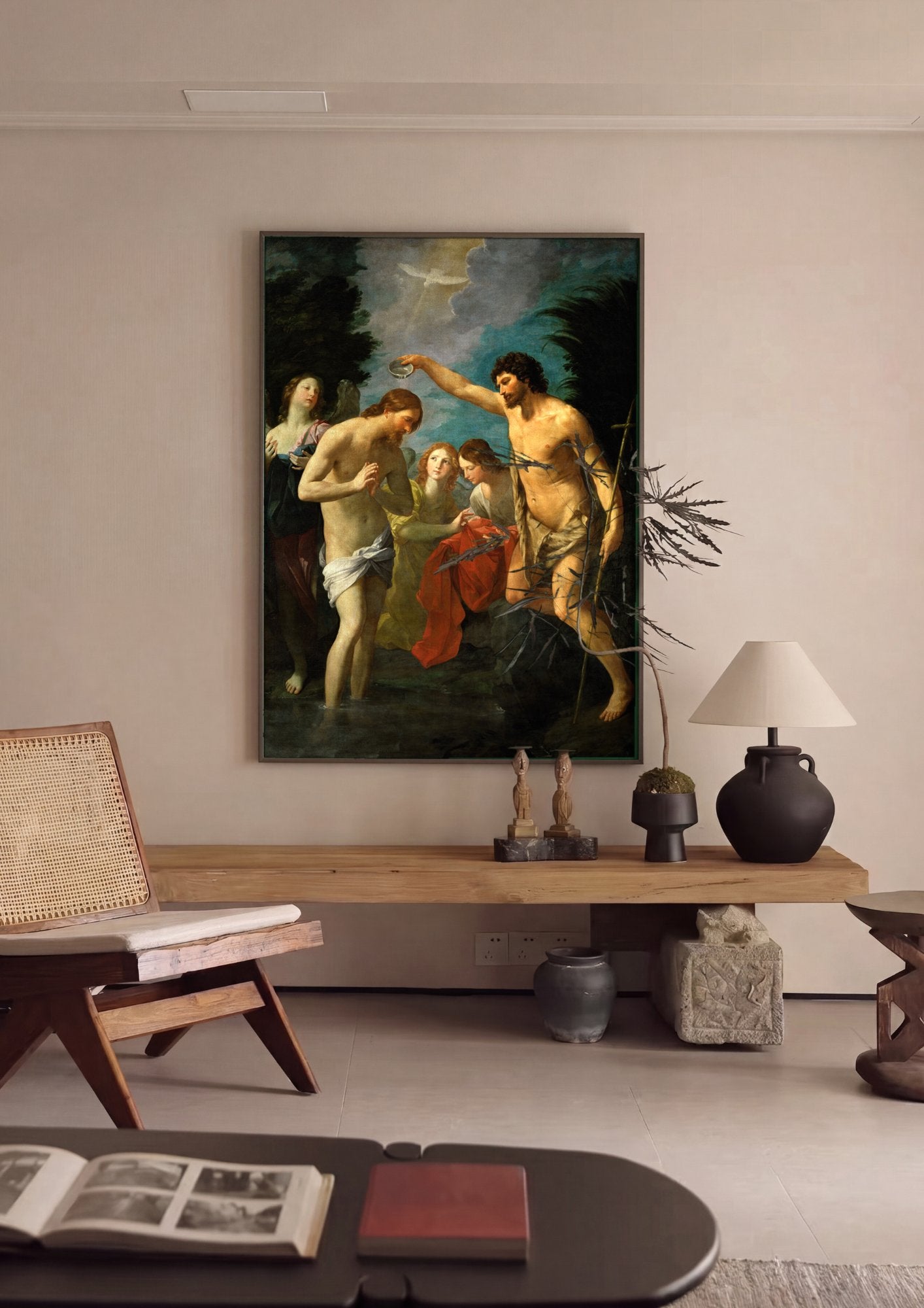 Quadro Decorativo O Batismo de Cristo - Guido Reni em ambiente decorado