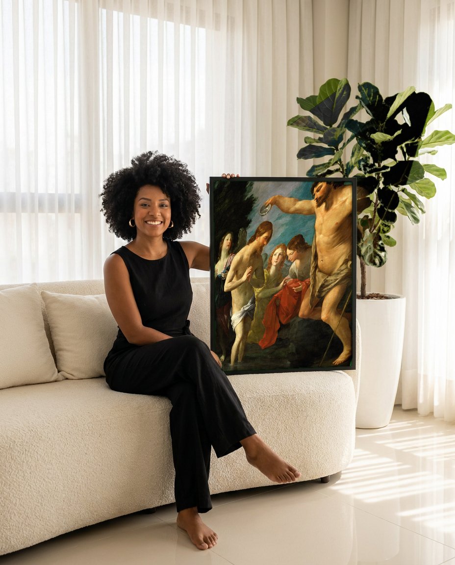 Quadro Decorativo O Batismo de Cristo - Guido Reni com modelo em ambiente