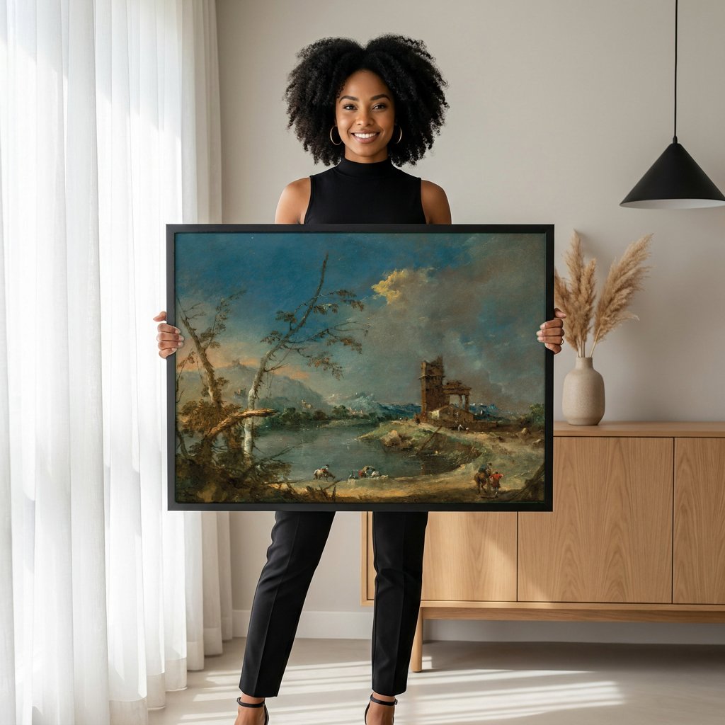 Quadro Decorativo Paisagem com Ruínas - Guardi com modelo em ambiente