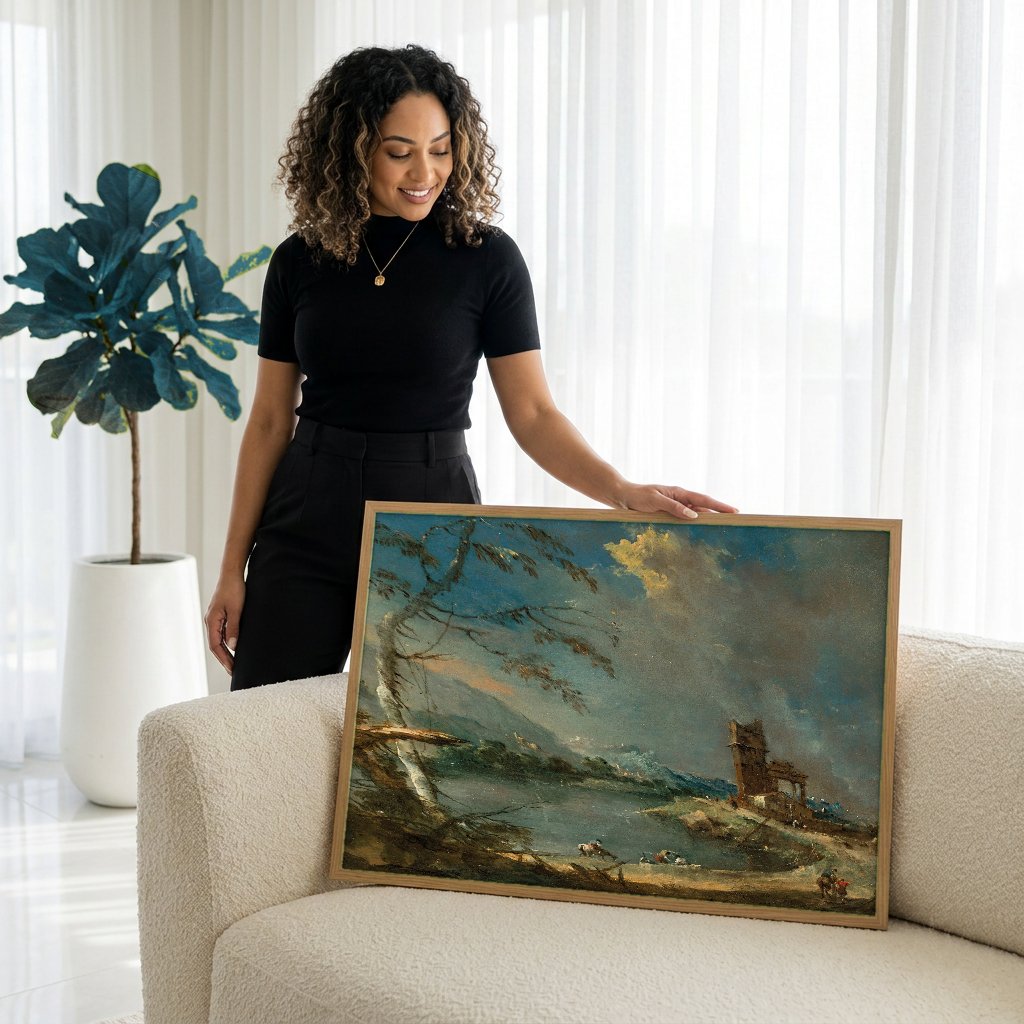 Quadro Decorativo Paisagem com Ruínas - Guardi com modelo em ambiente