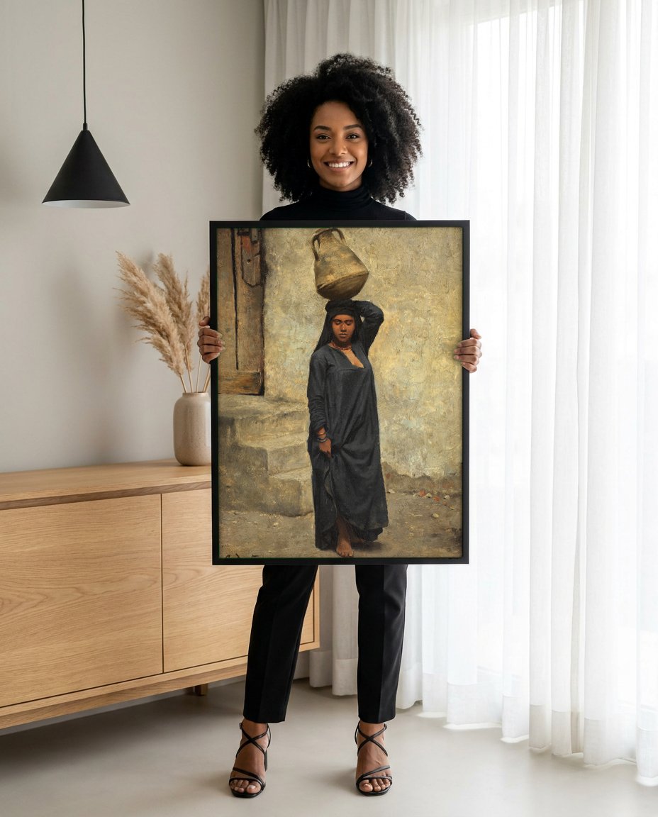 Quadro Decorativo A Carregadora de Água - Deutsch com modelo em ambiente