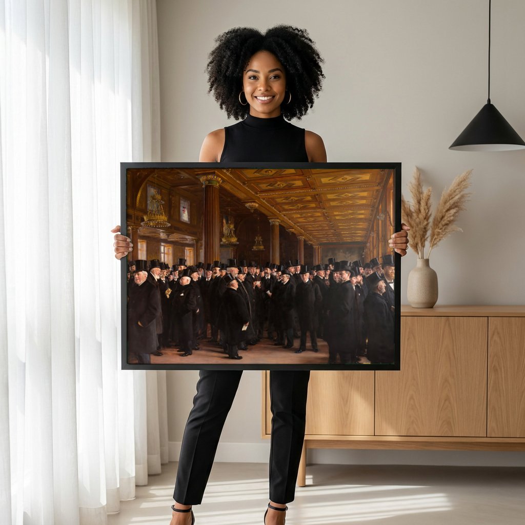 Quadro Decorativo A Bolsa de Copenhague - Peder Severin Krøyer com modelo em ambiente