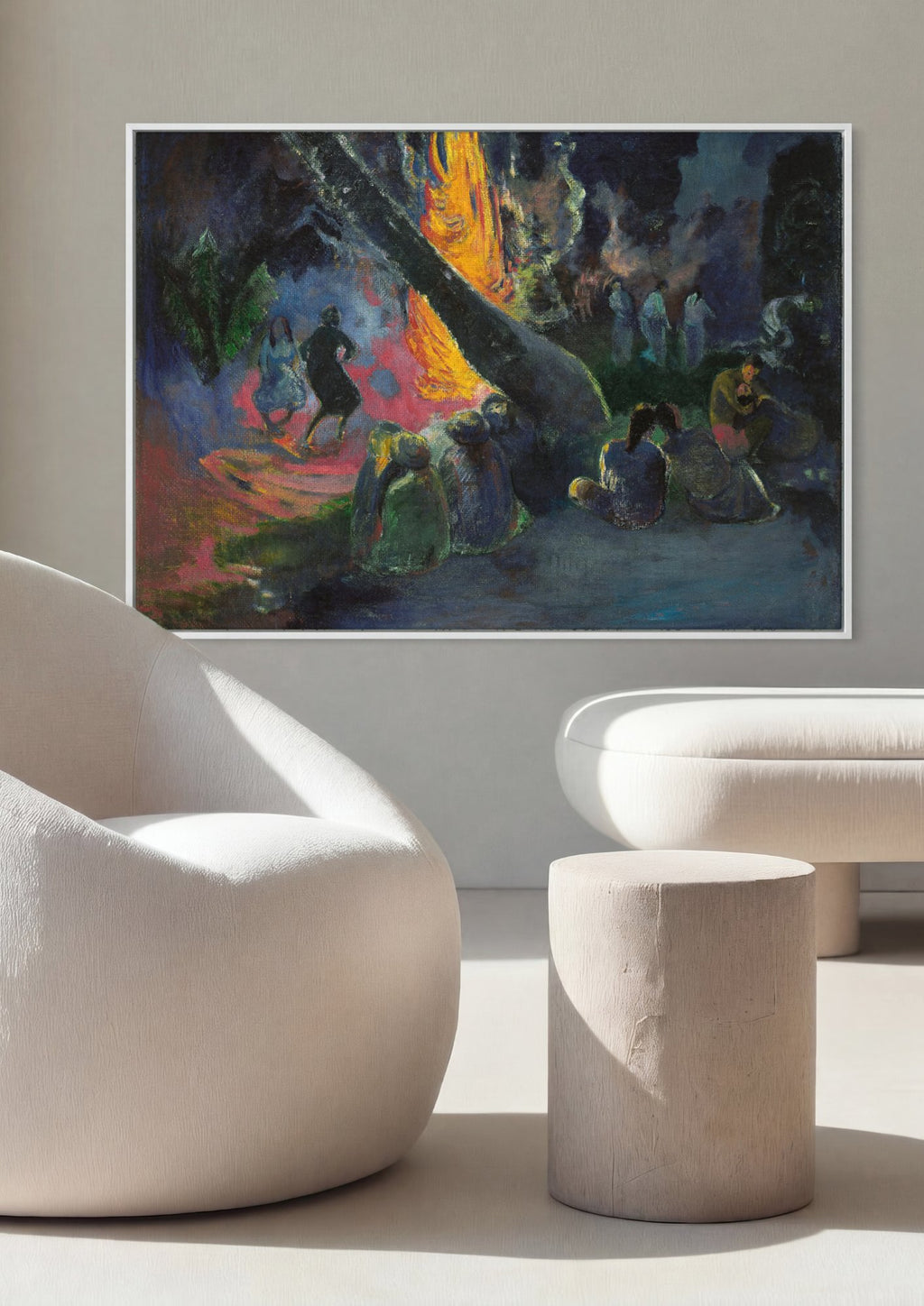 Quadro Decorativo A Fogueira - Paul Gauguin em ambiente decorado