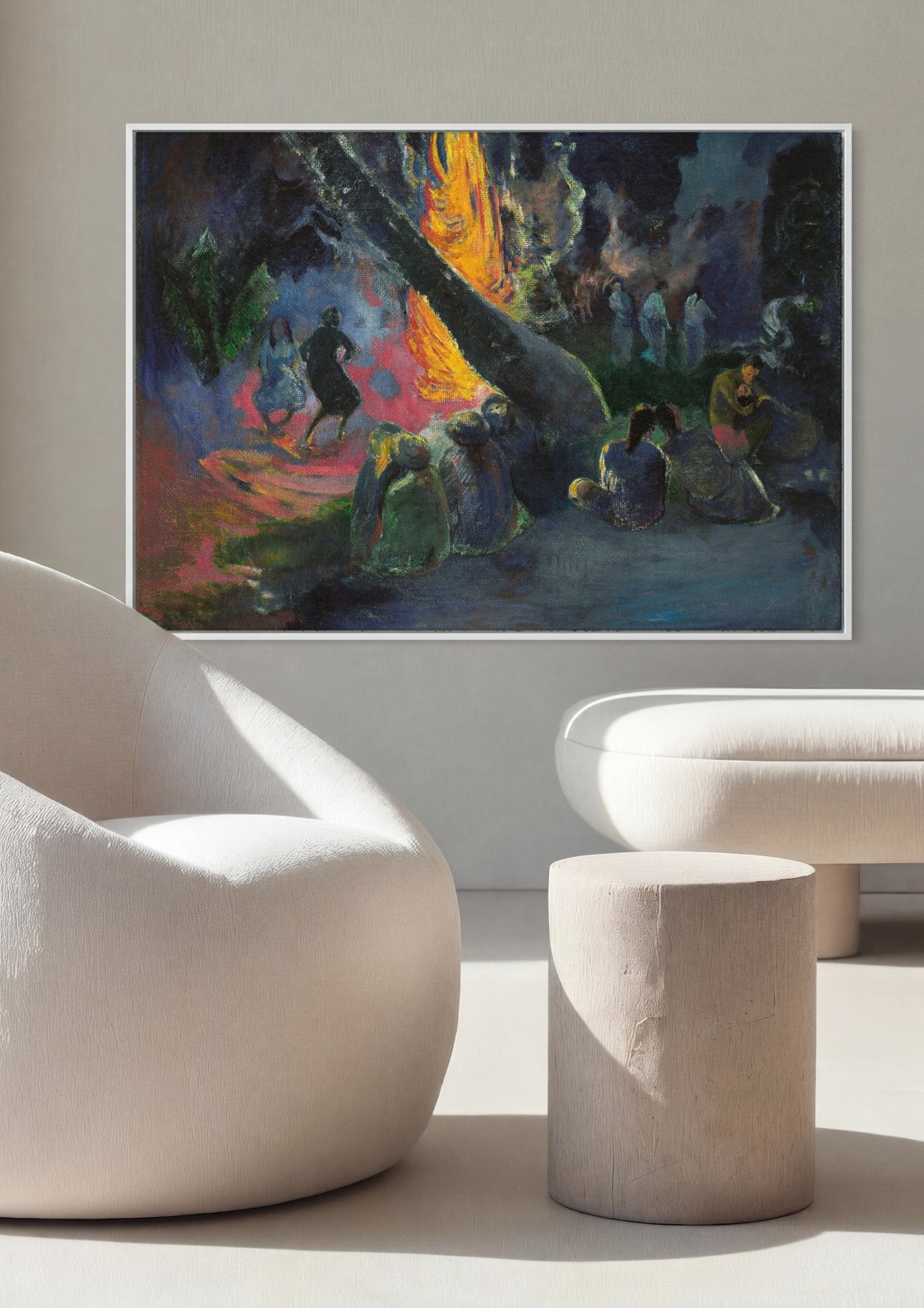 Quadro Decorativo A Fogueira - Paul Gauguin em ambiente decorado