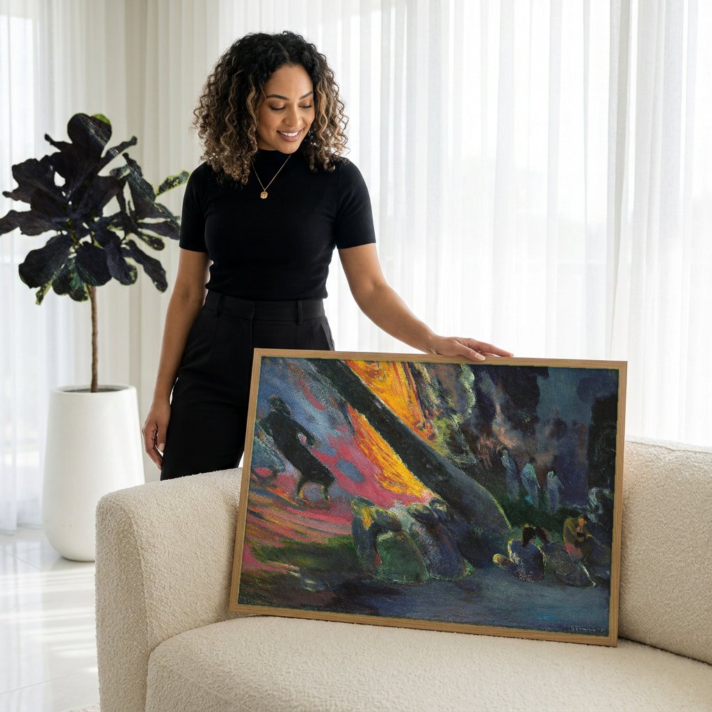 Quadro Decorativo A Fogueira - Paul Gauguin com modelo em ambiente