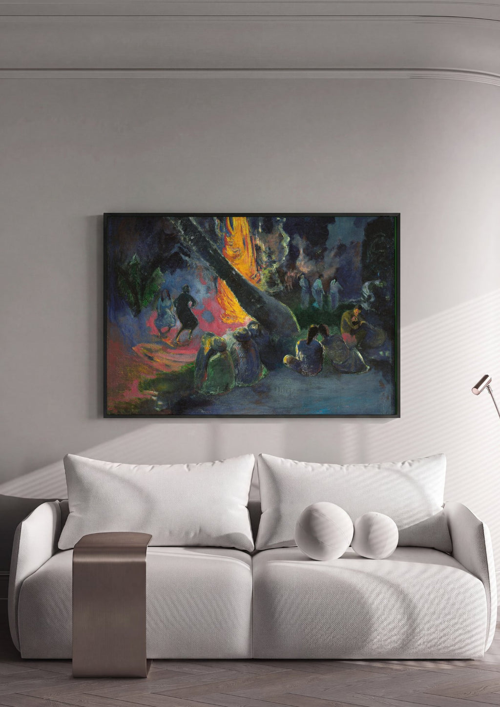 Quadro Decorativo A Fogueira - Paul Gauguin em ambiente decorado