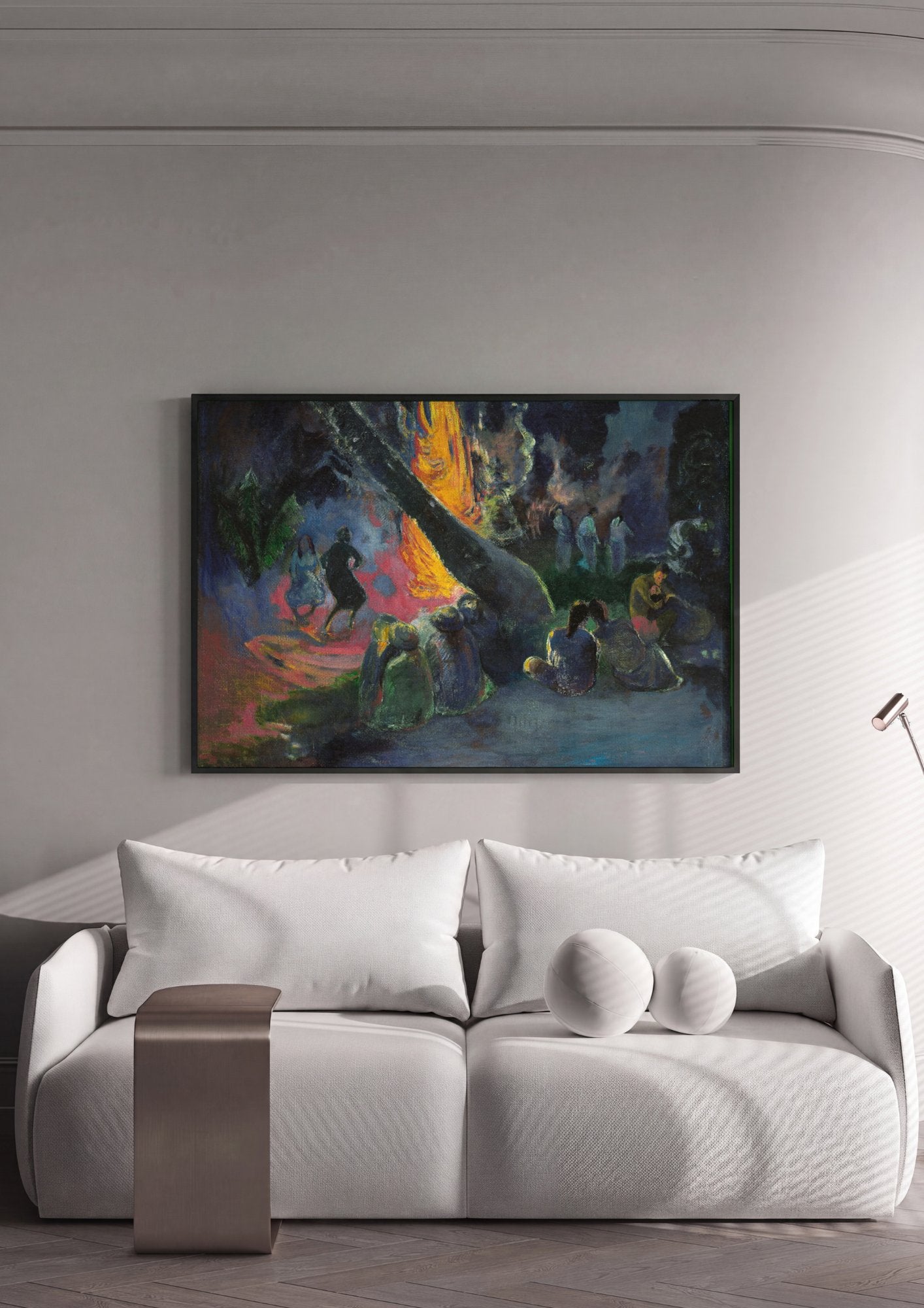 Quadro Decorativo A Fogueira - Paul Gauguin em ambiente decorado