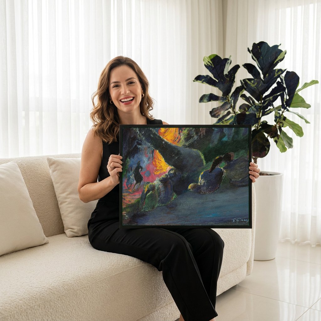 Quadro Decorativo A Fogueira - Paul Gauguin com modelo em ambiente
