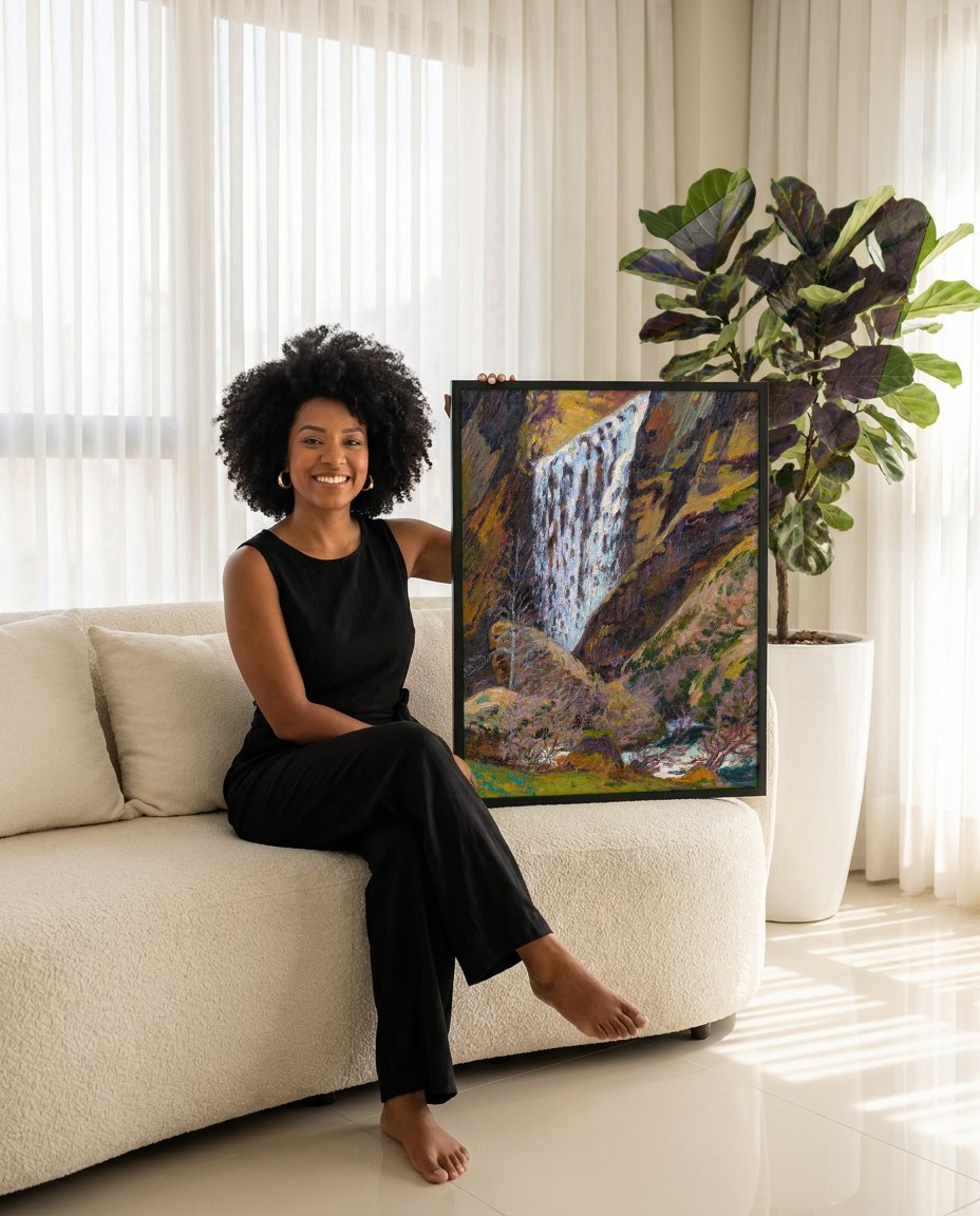 Quadro Decorativo A Cachoeira - Armand Guillaumin com modelo em ambiente