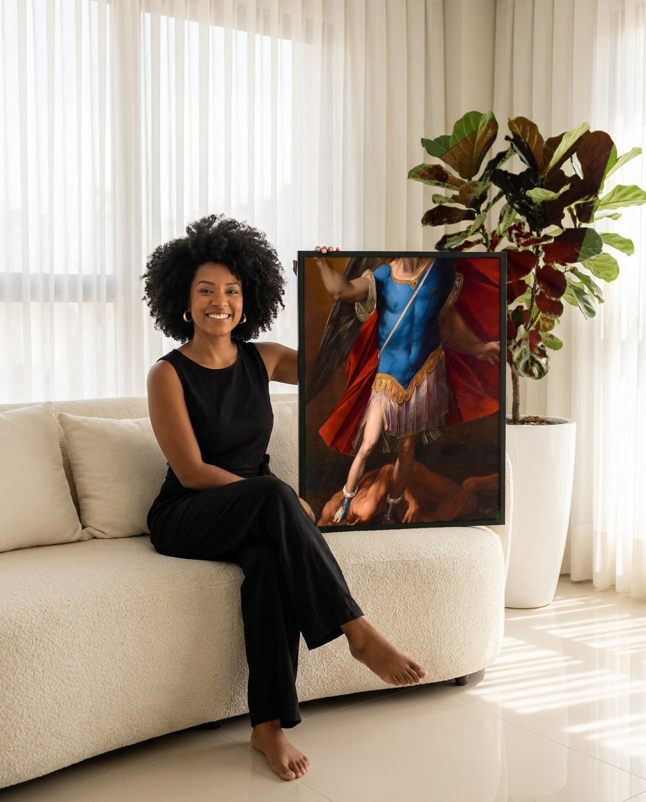 Quadro Decorativo São Miguel Arcanjo - Guido Reni com modelo em ambiente