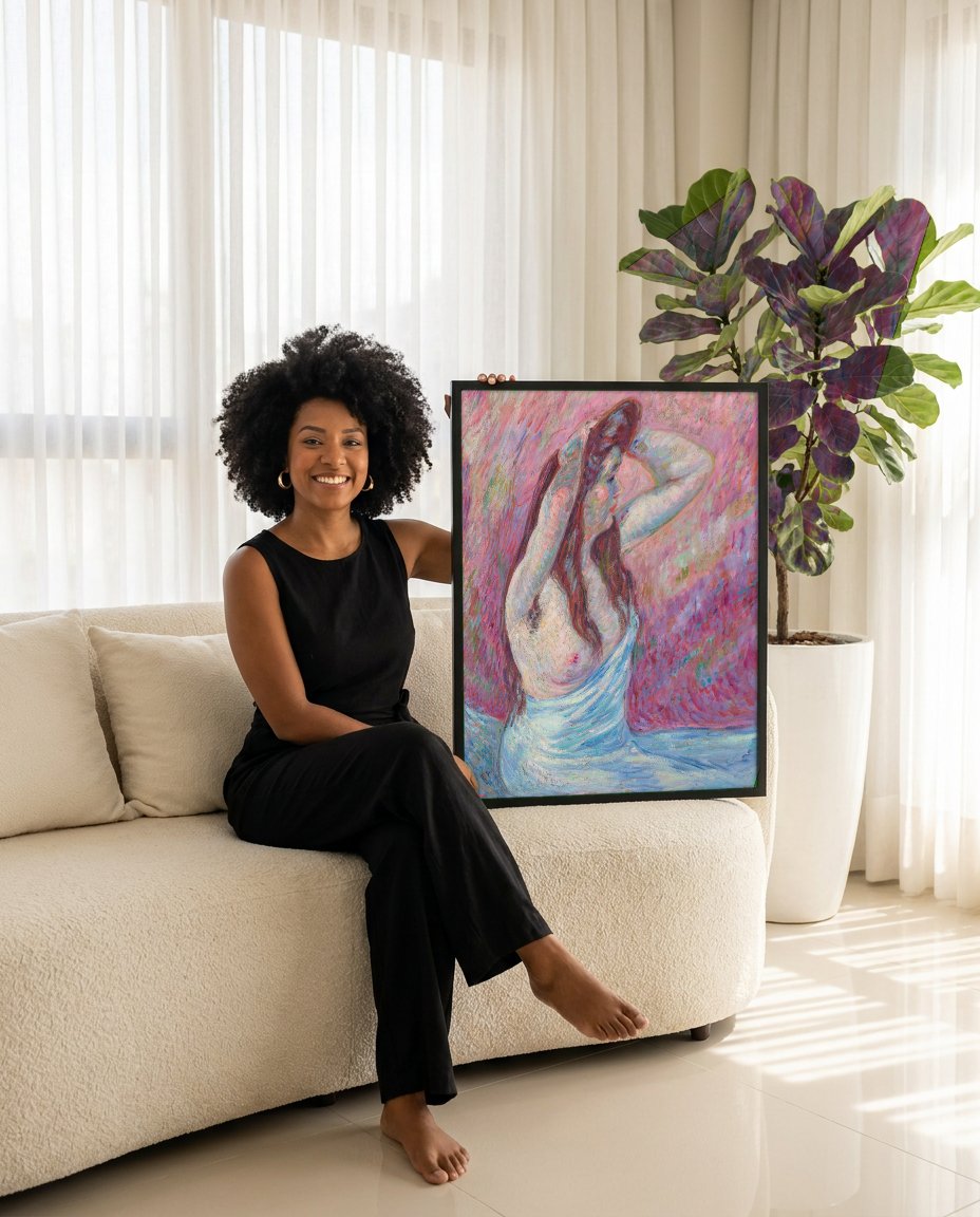 Quadro Decorativo Nu Feminino – Armand Guillaumin com modelo em ambiente