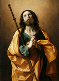 Pintura a óleo de Guido Reni retratando São José com barba e cabelos longos, olhando para cima em oração, com as mãos postas e uma túnica dourada.
