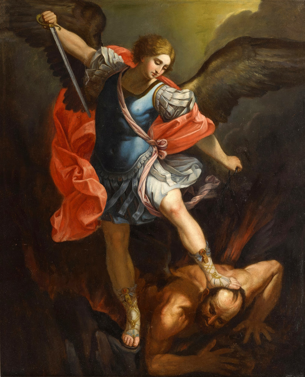 Quadro decorativo do Arcanjo Miguel de Guido Reni, em estilo barroco, retratando o arcanjo alado com armadura e espada, pisando sobre o diabo subjugado. A cena exibe dramático contraste de luz e sombra, com cores vibrantes na figura do arcanjo e escuridão ao redor do diabo. A arte transmite força, espiritualidade e proteção.