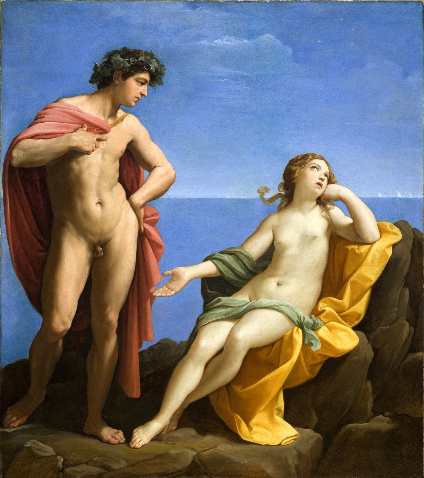 Pintura de Guido Reni 'Baco e Ariadne' com Baco nu à esquerda e Ariadne nua deitada à direita, ambos com drapeados, em cenário marinho azul.