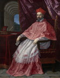 Retrato de um cardeal sentado, em trajes clericais vermelhos e brancos, com barba e olhar sério, em um ambiente interno com uma arcada ao fundo, obra de Guido Reni