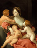 Quadro decorativo da pintura 'A Virgem e o Menino com São João Batista' de Guido Reni, mostrando Maria com o Menino Jesus e São João Batista em um cenário escuro. Maria, vestida em tons terrosos e vermelhos, segura os dois meninos nus, um dormindo e outro olhando para ela. A obra destaca a ternura maternal e a inocência infantil.