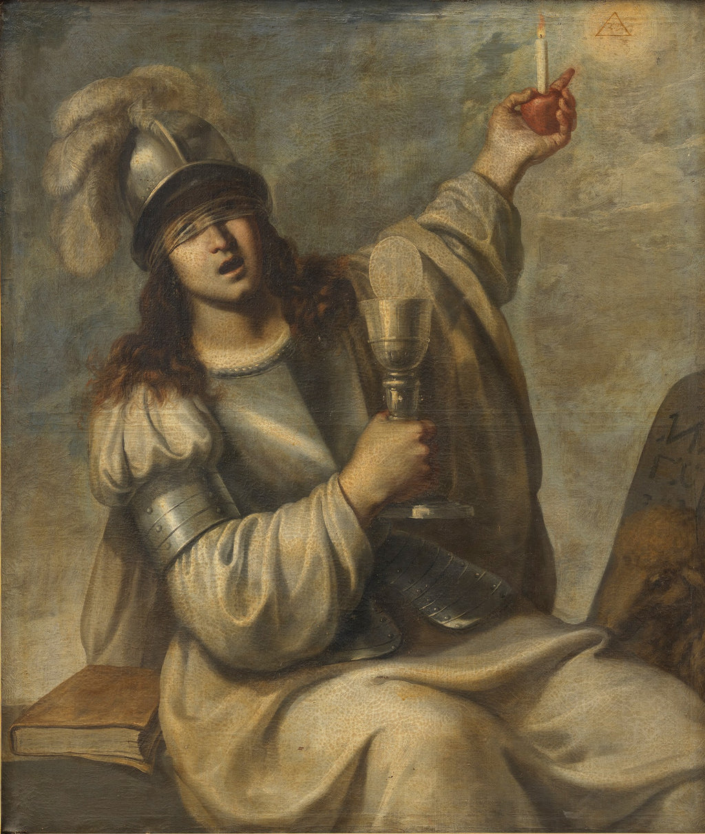 Quadro decorativo "A Fé" de Guido Reni, retratando uma mulher com os olhos vendados, armadura e túnica, segurando um cálice com a Eucaristia e uma vela acesa. A figura expressa serenidade e devoção em tons terrosos e claros.