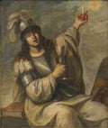 Quadro decorativo "A Fé" de Guido Reni, retratando uma mulher com os olhos vendados, armadura e túnica, segurando um cálice com a Eucaristia e uma vela acesa. A figura expressa serenidade e devoção em tons terrosos e claros.