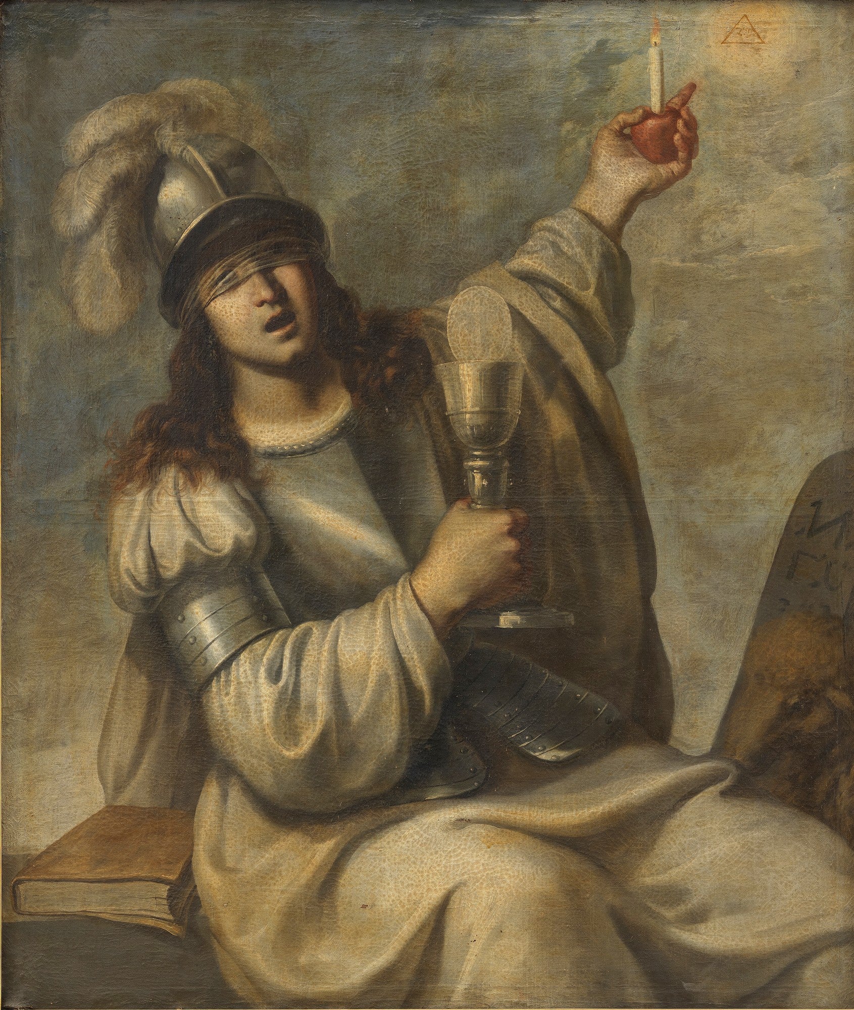 Quadro decorativo "A Fé" de Guido Reni, retratando uma mulher com os olhos vendados, armadura e túnica, segurando um cálice com a Eucaristia e uma vela acesa. A figura expressa serenidade e devoção em tons terrosos e claros.