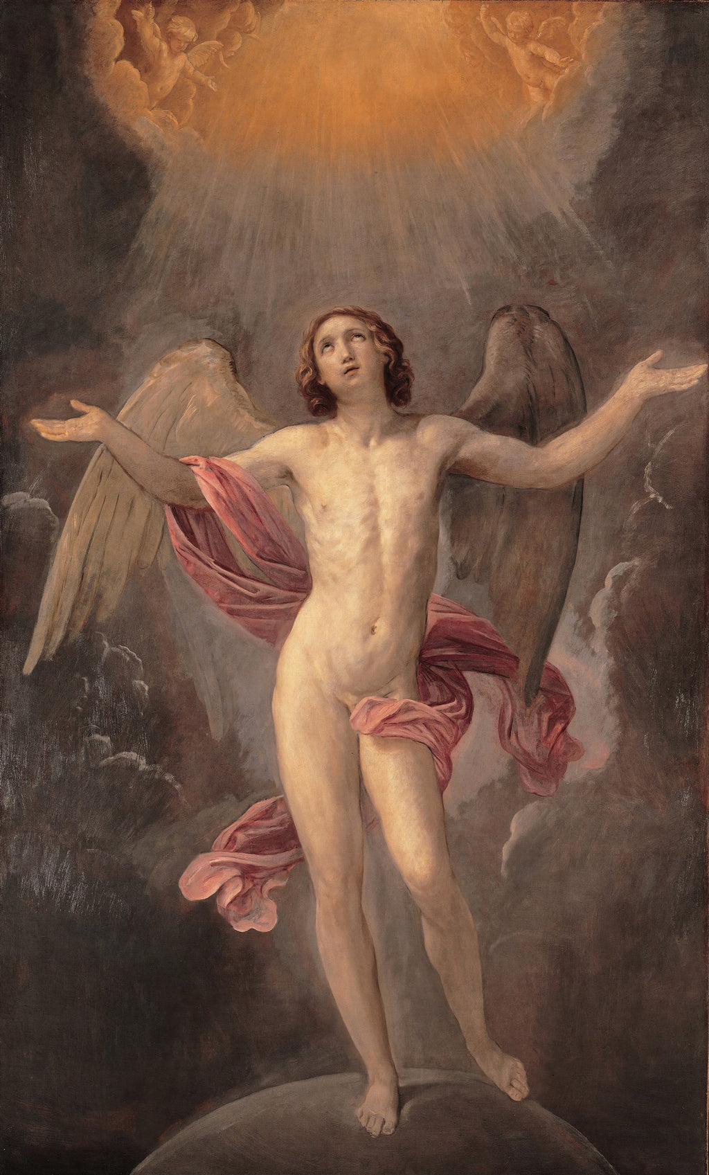Quadro decorativo A Assunção de Maria Madalena de Guido Reni, mostrando uma figura feminina nua, alada, com drapeado rosa, ascendendo em meio a nuvens e luz divina. A obra é de estilo barroco, com tons escuros contrastando com a luz dourada superior e a pele clara da figura. O rosto da mulher olha para cima, com os braços abertos em um gesto de elevação.