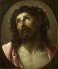 Quadro decorativo com uma representação de Jesus Cristo, coroado de espinhos, olhando para cima com expressão de sofrimento e resignação, em uma pintura oval escura de Guido Reni.
