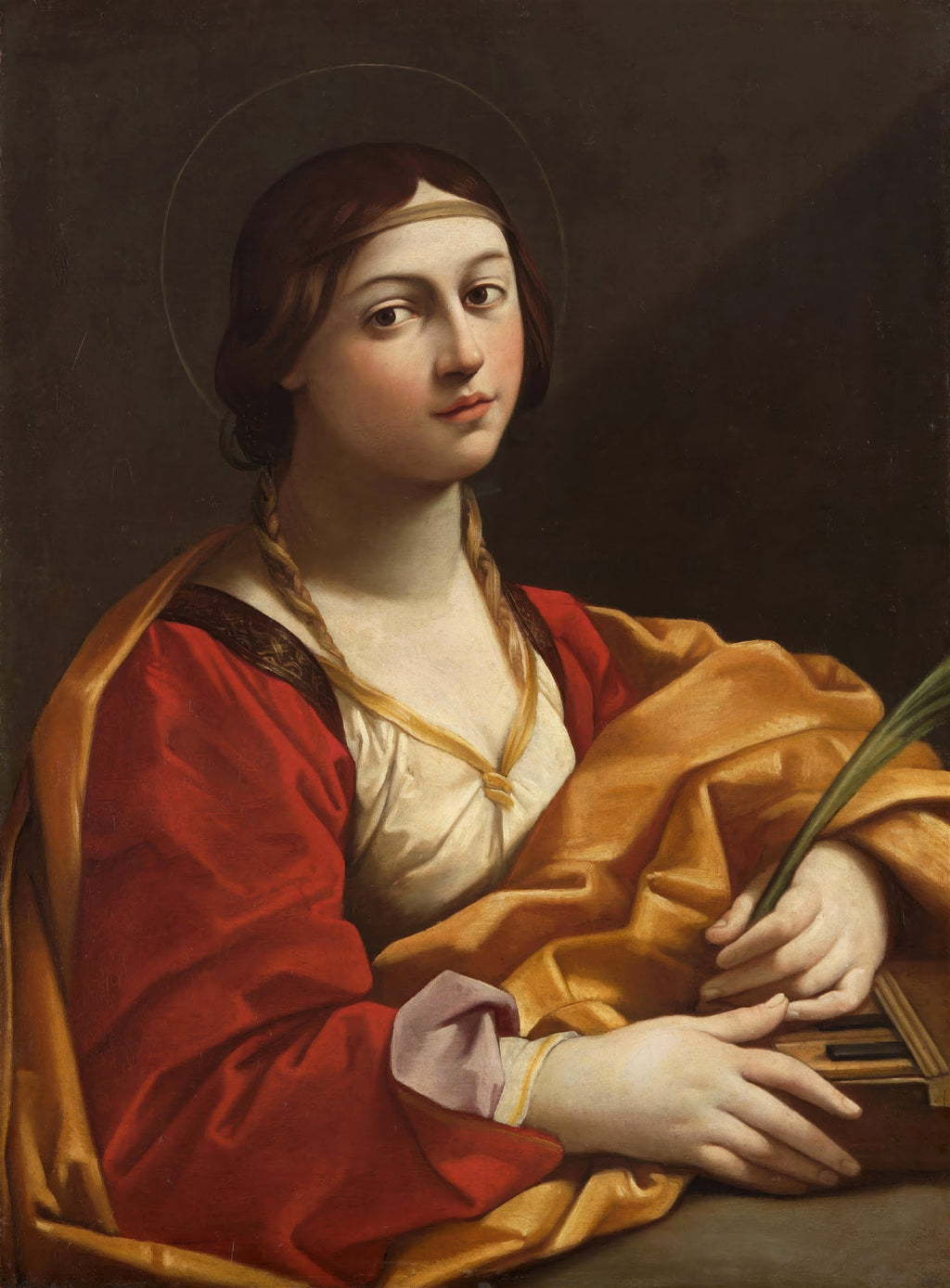 Quadro decorativo da Santa Cecília, obra de Guido Reni, representando uma jovem santa com auréola, vestindo túnica vermelha e dourada, segurando uma folha de palma e um órgão de tubos, com olhar sereno e expressão pensativa, sobre fundo escuro.
