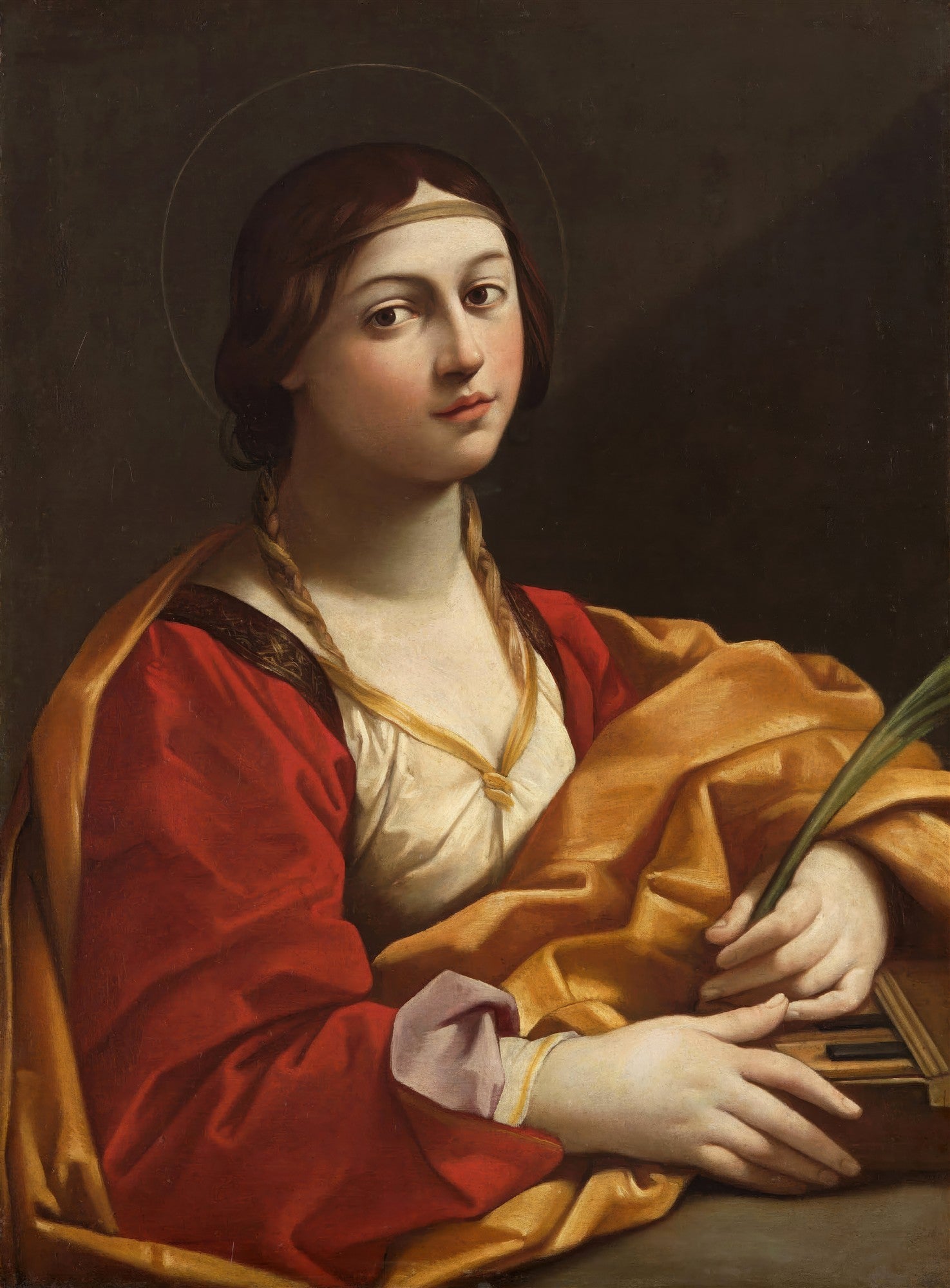 Quadro decorativo da Santa Cecília, obra de Guido Reni, representando uma jovem santa com auréola, vestindo túnica vermelha e dourada, segurando uma folha de palma e um órgão de tubos, com olhar sereno e expressão pensativa, sobre fundo escuro.